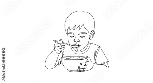 Young boy eating warm oatmeal from a bowl with a spoon  
