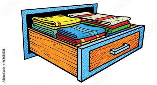 Drawer filled with colorful folded tea towels on wooden background  