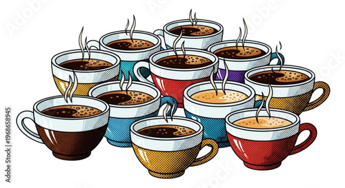 Various coffee cups with steam in colorful designs  