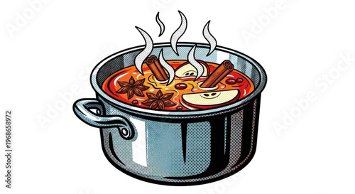 Pot of simmering spicy apple cider with cinnamon and star anise  