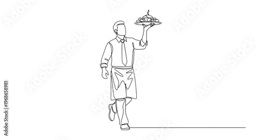 Male waiter serving food while walking in minimalist line art style  