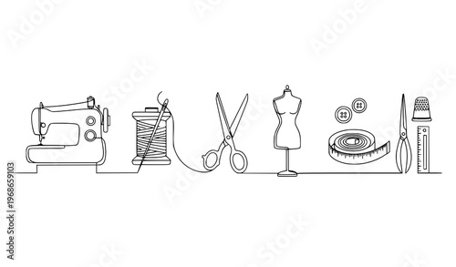 One line drawing sewing and tailoring icons garment making tools outline vector illustration