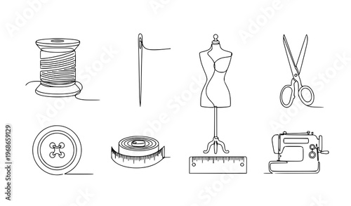 Continuous line drawing sewing tailoring icon set thread needle scissors vector illustration