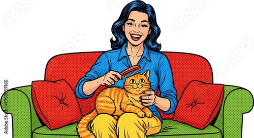 Happy woman grooming her orange cat while relaxing on a sofa  