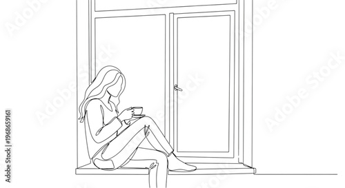 Young woman sitting on windowsill and enjoying a cup of tea  
