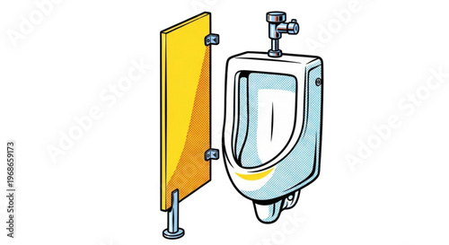 Urinal with yellow privacy wall in public restroom setting  