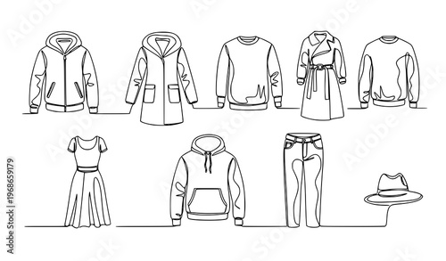 Minimalist continuous line fashion clothing icon pack jacket coat hoodie jeans vector illustration