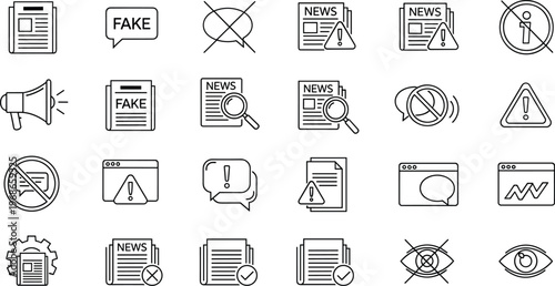 Fake News and Misinformation Vector Icon Set Featuring Censorship Symbols Fact Checking Newspaper Alerts Megaphones And Media Validation Illustrations