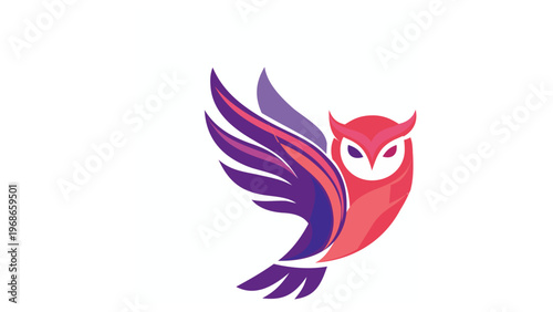 Modern stylized owl vector icon illustration featuring vibrant purple, pink, and red gradients with spread wings. Elegant nocturnal bird logo design for branding, education, and nature.