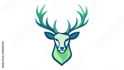 Majestic deer head vector illustration with large antlers, featuring a modern geometric design in shades of green and teal. This minimalist stag icon is perfect for nature and wildlife branding.