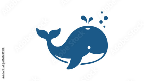 Blue whale vector icon illustration featuring a minimalist flat design of a friendly whale with water spray and bubbles. Scalable AI-generated graphic perfect for marine life and ocean themes.