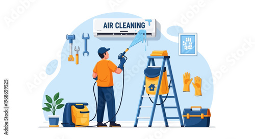A vector illustration depicts an air conditioning technician in uniform, servicing an AC unit with a power washer on a ladder, with tools nearby and a clean, bright background