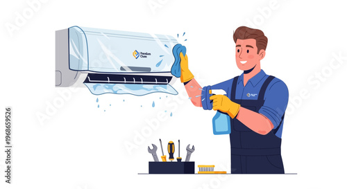 Smiling air conditioning technician in uniform uses a spray bottle and rag to clean an AC unit in a vector illustration against a white background, showing detailed maintenance and repair
