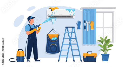 An air conditioning technician in uniform using a high-pressure AC washer to clean an air conditioner unit in a room with a ladder and toolbox, depicted in a bright, flat-lay vector