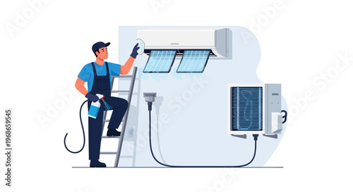 Vector art depicting an air conditioning technician in uniform, performing maintenance on an AC unit with an AC washer, the composition against a clean white background with a friendly