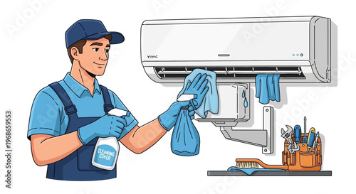 Vector illustration of an air conditioning technician in uniform cleaning an AC unit with a spray bottle and cloth, depicted in a bright, cartoon style against a clean white background
