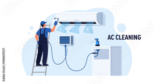 A vector illustration depicts an air conditioning technician, in blue uniform, on a ladder, performing maintenance on an AC unit against a simple white background with AC cleaning text