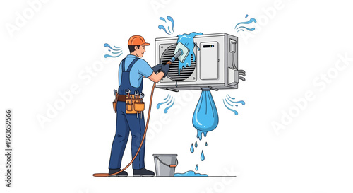 Illustrated air conditioning technician in uniform providing AC maintenance, shown from a side view against a clean white background, using a washer for air conditioner cleaning with vector