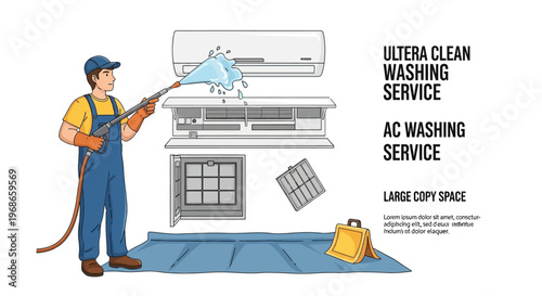 Detailed vector illustration of an air conditioning technician in uniform using an AC washer to perform cleaning service on air conditioner parts against a white background with maintenance