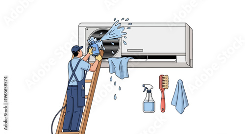An air conditioning technician in uniform is depicted in a vector illustration washing an AC unit on a ladder, with cleaning tools nearby against a clean white background showing