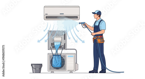 A vector art illustration depicts an air conditioning technician in uniform using an AC washer to clean an air conditioner unit with precision, set against a clean white background