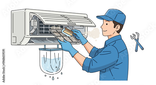 A smiling air conditioning technician in a blue uniform, depicted in a clean vector illustration, is meticulously cleaning the air conditioner filter as part of routine maintenance