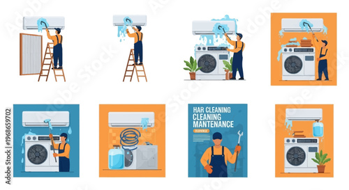 A collection of vector illustrations depicting air conditioning technicians at work, showcasing AC maintenance and repair services with various tools and equipment against clean