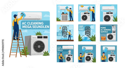 Square vector illustrations depict air conditioning technicians in uniform providing AC cleaning and maintenance service, showcasing their jobs on a blue background with icons and design