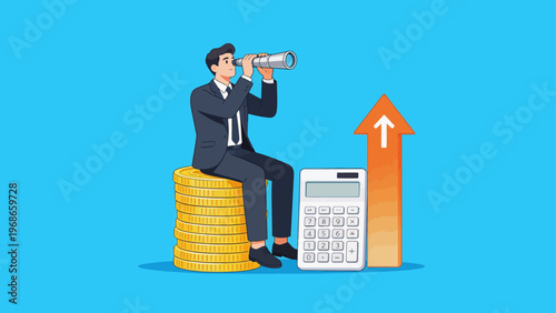 Businessman with coins telescope and calculator