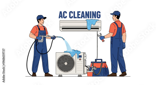Illustrated vector art features two air conditioning technicians in uniform performing maintenance on an AC washer and air conditioner unit against a clean white background with a focus