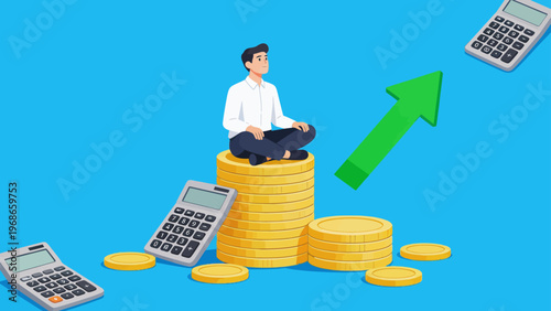 Man sitting on coins with calculators