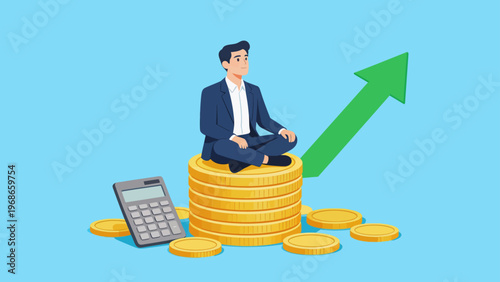 Businessman sitting on coins with calculator