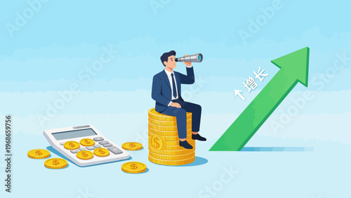 Businessman on coins with telescope
