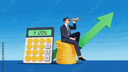 Businessman on coins with calculator