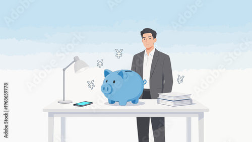 Businessman with piggy bank and money symbols