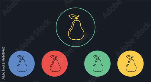 Outline of a pear fruit within a green circle with four smaller solid color icon versions below on a dark background.