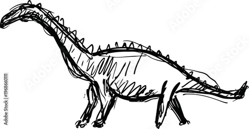 Hand drawn sketch of a long necked dinosaur with tail and textured body lines