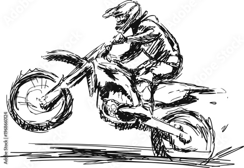 Motocross rider performing a wheelie stunt on dirt bike in dynamic sketch