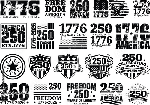USA 250 SVG Bundle, 1776–2026 America 250 Years Vintage Design, Patriotic Independence Day Black Retro Typography, 4th of July Cricut Shirt SVG Collection