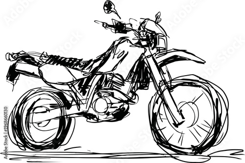 hand drawn motorcycle sketch rough ink illustration of a dual sport bike with detailed wheels and frame