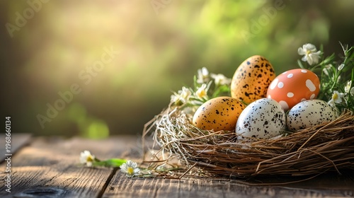 easter eggs in nest on wooden table rustic spring holiday decoration scene