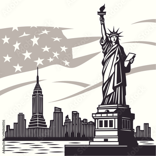 Statue of Liberty black silhouette. New York City logo or symbol. USA landmark. Vector illustration. icon
