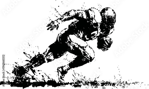 American football player sprinting with ball in dynamic ink splash illustration