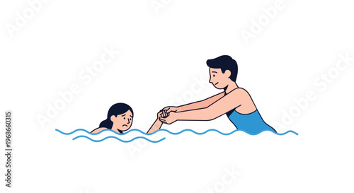 Swimming Instructor Helping Child Learn to Swim in Pool