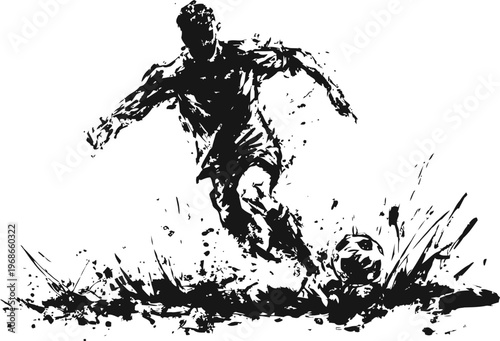 Dynamic soccer player kicking ball with splashing paint effect in black and white ink drawing