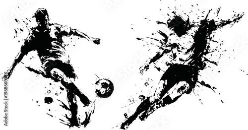 Dynamic abstract silhouettes of two soccer players kicking ball in motion splatter artwork