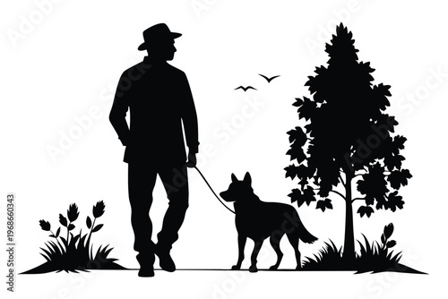 man walking with dog silhouette line art vector illustration with a white background