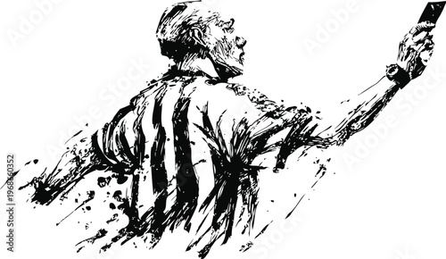 Black and white referee showing a red card in soccer match illustration
