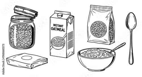Oatmeal Packaging Vector Icons with Jars, Cartons, Bags, Bowls, and Spoons