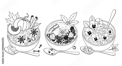Seasonal Oatmeal Bowls Vector with Autumn, Winter, Spring, and Summer Styles
